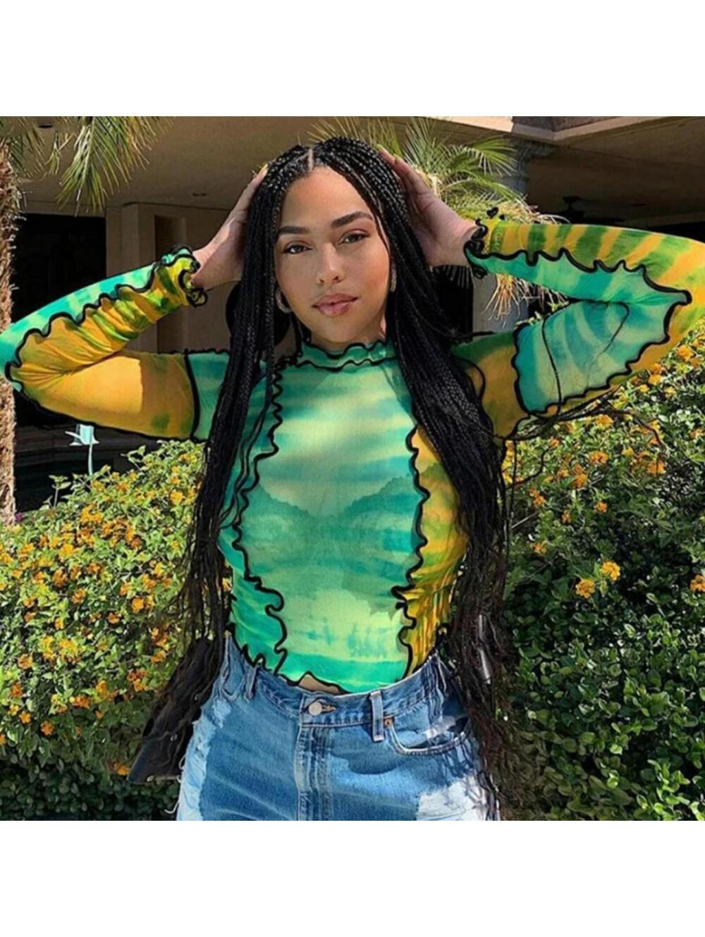 Sheer Mesh top see through shirt green long sleeve Medium